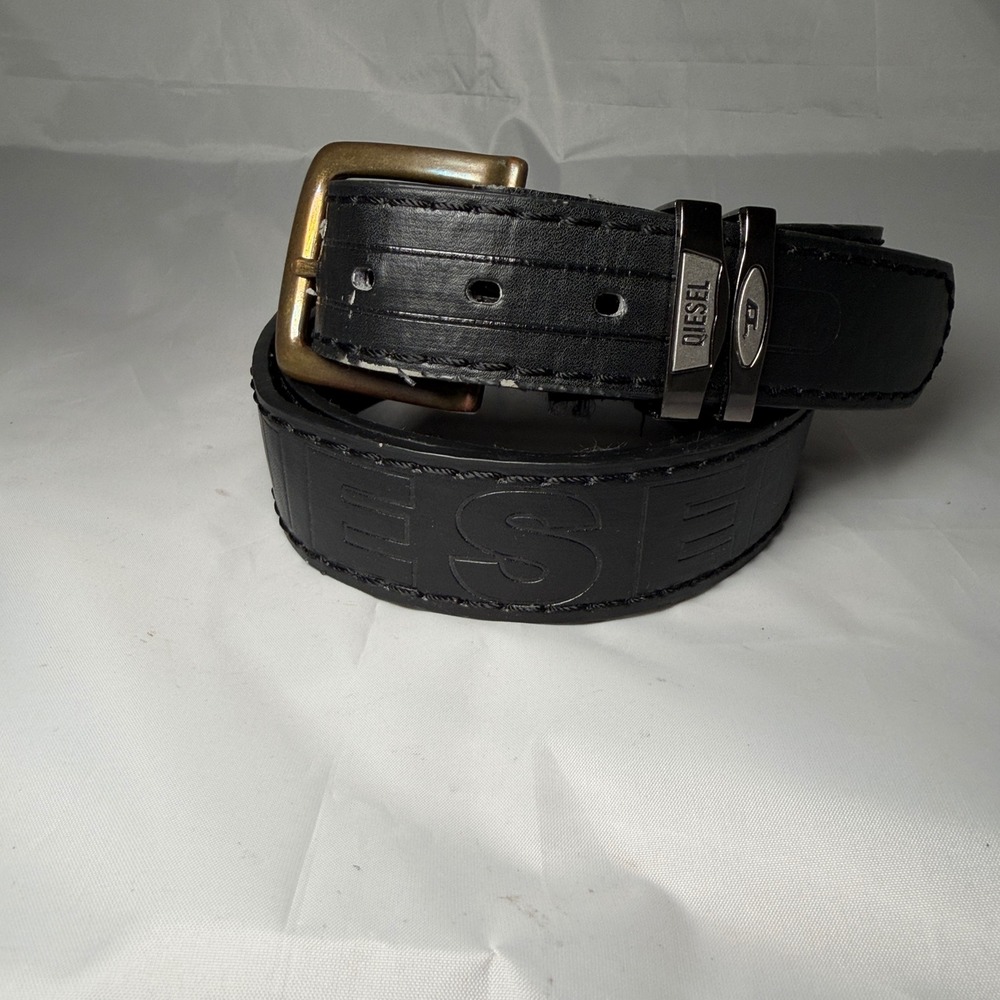 Diesel Belt Mens Black Leather Embossed Logo Y2K Industrial Streetwear 53in 135c